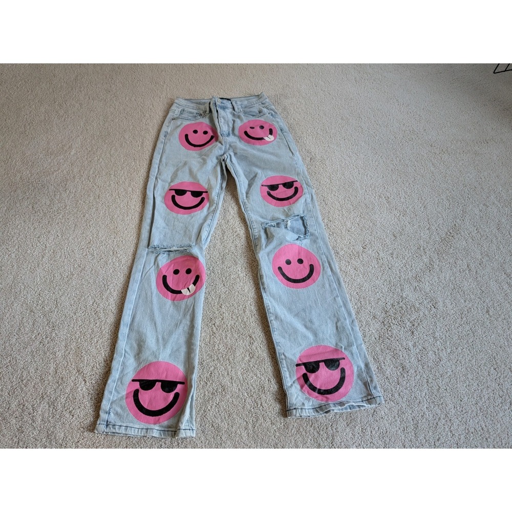 Womens Akira Denim Jean Pink Smiley Faces Size 7 (W27) REMY MA